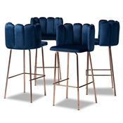Baxton Studio Kaelin Luxe and Glam Navy Blue Velvet Fabric Upholstered and Rose Gold Finished 4-Piece Bar Stool Set